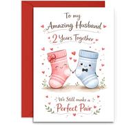 Husband 2nd Anniversary Card - Cute Pair of Socks Design -2nd Cotton Anniversary Card - A5 Size Card with Red Envelope