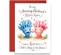 Husband 35th Anniversary Card - Cute Coral Plants and Hearts Design - 35th Coral Anniversary Card - A5 Size Card with Red Envelope