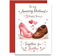 Husband 3rd Anniversary Card - Cute Pair of Shoes with Hearts Design - 3rd Leather Anniversary Card - A5 Size Card with Red Envelope