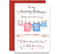 Husband 4th Anniversary Card - Cute Clothes in Love on the Line Design - 4th Linen Anniversary Card - A5 Size Card with Red Envelope