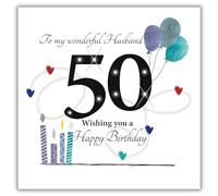 Husband 50th Birthday Card - Age 50 - Wonderful Husband - Balloons and Love Hearts Design - Handcrafted Special Finishes - Made in the UK