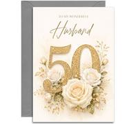 Husband 50th Golden Wedding Anniversary Card - Gold Floral, UK Made | Elegant Ivory Rose Artwork, Grey Envelope, Romantic Printed Verse Inside, Premium 330gsm Cardstock