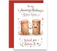 Husband 5th Anniversary Card - Cute Pair of Tree Trunks Design -5th Wood Anniversary Card - A5 Size Card with Red Envelope