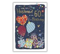 Husband 60th Birthday Card - Age 60 - Wonderful Husband - Balloons and Hearts Design - Special Finishes and Illustrated Insert Leaf - Made in the UK