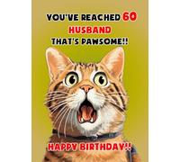 Husband 60th Birthday Card (Funny Shocked Cat) - For Him Age Male Boy Man Animal Humour