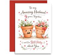 Husband 9th Anniversary Card - Cute Pair of Pots Design - 9th Pottery Anniversary Card - A5 Size Card with Red Envelope
