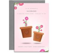 Husband 9th Anniversary Card - Pottery Wedding Anniversary Card - Pottery Hearts Design - A5 Size Card with Grey Envelope