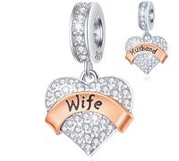 Husband and Wife Dangle Charms fits Pandora Valentines Day Bracelet, Pave Heart Clear CZ Pendant, 925 Sterling Silver Love Wifey Beads, Gifts for Wedding Anniversary/Bride/Lover