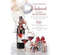 Husband Anniversary Card - Red Wine Bottle Glasses with Embossed Foil 10x7"