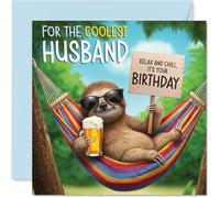 Husband Birthday Card - Chilled Out Sloth - Happy Birthday Card for Husband from Wife Partner, 145mm Bright and Colourful Bday Greeting Cards