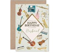 Husband Birthday Card - Music Lover - Happy Birthday Card for Husband from Wife Partner, A5 Bass Acoustic Electric Guitar Bday Greeting Cards