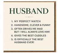 Husband Card - My Perfect Match, Handsome Clever & Funny, Best Cuddles - Sweet & Playful Love/Anniversary Card from Wife, for Birthday or Valentine's Day