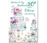 Husband China 20th Wedding Anniversary Card Wedding Cake Medium Size with Plain Envelope