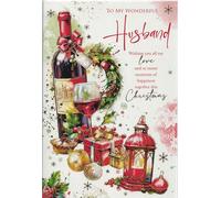 Husband Christmas Card Large 24 x 16 cm - To My Wonderful Husband - Luxury Festive Wine, Wreath & Lantern Design - Traditional Romantic Xmas Greeting