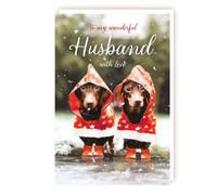 Husband Christmas Card - Wonderful Husband - Sausage Dogs in Raincoats - Festive Dachshund Dog Design - Made in the UK - Eco-Friendly