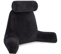 Husband Pillow XXL Black Backrest with Arms - Adult Reading Pillow with Shredded Memory Foam, Ultra-Comfy Removable Microplush Cover & Detachable Neck Roll - Unmatched Support Bed Rest Sit Up Pillow