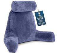 Husband Pillow XXL Dark Blue Backrest with Arms - Adult Reading Pillow Shredded Memory Foam, Ultra-Comfy Removable Microplush Cover & Detachable Neck Roll, Unmatched Support Bed Rest Sit Up Pillow