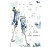 Husband Silver 25th Wedding Anniversary Card - Blue Floral Champagne Flutes Hearts annd Embossed Foil 9x6