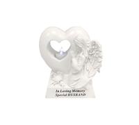 Husband White Angel Open Heart With White LED Flickering Candle And Silver Rose Decoration Memorial