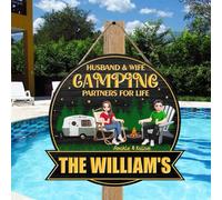 Husband & Wife Camping Partners For Life - Personalized Funny Couple Camp Sign, Custom Camping Sign Wooden Hanging Plaque, Anniversary Wedding Gifts For Campers, Husband And Wife, Him And Her