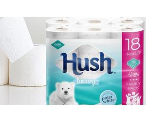 Hush Three-Ply White Toilet Tissue Paper: 18 Rolls