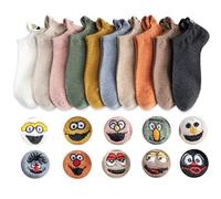 HUSHAX 10 Pairs Of Women's Ankle Socks, Fun Sports, Round Neck Socks, Low Heel, Cute Cartoon Embroidery, Followed By Interesting Expressions, Suitable For Spring And Summer