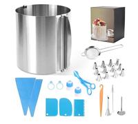 HUSHAX 28 Pcs Adjustable Cake Rings Set, Cake Ring with Clamping Lever, Adjustable 16-30 Cm, Food-Safe Stainless Steel Round Mold for Baking, Baking Accessories with Spatula and Egg Separator