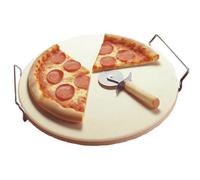 HUSHAX Round Pizza Stone, Cordierite Bread Baking Stone, Baking Slab for Pizza, Bread, Cookies and More, 33cm, Thermal Shock Resistant, with Iron Wire Handle and Pizza Knife