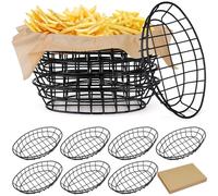 Hushee 12 Pcs Wire Bread Basket 9.5 x 6.2 x 2.2 Inch Oval Metal Dinner Roll Baskets for Serving Fruit Bowl Storage with 50 Sheets Deli Wrappers Paper for Kitchen Table Fast Food(Black,9.5 x 6.2 x 2.2)