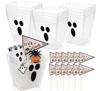 Hushee 12 Set Halloween Large Trick or Teach Basket Kit DIY Ghost Gift Buckets with Shredded Paper, Trick or Teach Flags, Halloween Spooky Modern Gift Set for Coworkers, Neighbors, Teachers, Friends