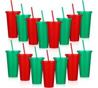 Hushee 15-Piece Christmas Tumbler Set with Straws and Lids, 24 oz Red & Green PP Plastic Cups for Gifting & Parties