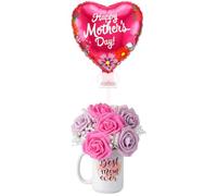 Hushee 17 Pcs Mother's Day Gift, 15oz Best Mom Ever Coffee Mug Artificial Rose Baby's Breath with Floral Foam and Happy Mother's Day Foil Balloons for Mom Grandma Birthday Gift Party Decoration