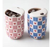 Hushee 2 Pack 16 oz Ceramic Coffee Mugs with Sip Hole, Retro Hand-painted Ceramic Travel Mug, Cute Blue Pink White Hearts Plaid Design, Microwave & Dishwasher Safe, Ideal Gifts for Coffee Lovers