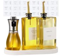 Hushee 2 Pcs 350ml Olive Oil Dispenser Bottle for Kitchen & 1 PC 200ml Oil Sprayer for Cooking with Silicone Funnel, Tray, Stickers, Coffee Syrup Dispenser for Soy Sauce Salad Air Fryers