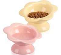 Hushee 2 Pcs Ceramic Raised Cat Bowls 7 oz Flower Shaped Cat Food Dish Stress Free on Neck and Spine Dishwasher Safe Feeding Bowls for Small Kitten