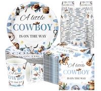 Hushee 200 Pcs a Little Cowboy Is on The Way Baby Shower Paper Plates Napkins Cups Baby Shower Party Supplies Tableware Set Cowboy Disposable Cup Napkin for 50 Guest Boy Girl Spring Decoration