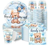 Hushee 200 Pcs Blue Bear Baby Shower Paper Plates Napkins Cups Baby Shower Party Supplies Tableware Set Bear Theme Disposable Cup Napkin for 50 Guest Boy Sets Spring Party Decoration Boy Girl