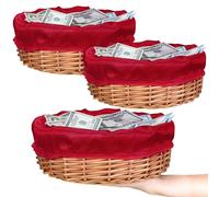 Hushee 3 Pack 9.1 Inch Round Offering Baskets for Church Wicker Offering Basket with Removable Liner Rattan Bowls Wicker Woven Bread Container for Church Receiving Gift(Red Liner)