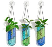 Hushee 3 Pcs Stained Glass Plant Propagation Station Hanging Planter Terrarium with Propagation Tubes, Blue-Green Geometric Glass & Metal Window Decor, Indoor Home Garden Decor