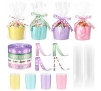 Hushee 36 Set Easter Candy Bags Mini Basket for Gift with Cellophane Treat Bags Empty Scalloped Cups 4 Rolls Easter Ribbons for Packaging Cookies, Snacks, Candy, Cake, Party Supplies