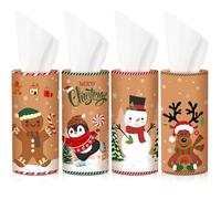 Hushee 4 Pack Retro Christmas Car Tissues Cylinder Holder Boxes with 200 Facial Tissues Santa Tissue Box for Car Round Tissue Tubes for Cupholder Home Office Travel