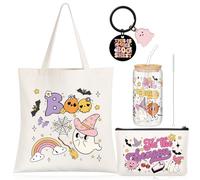 Hushee 4 Pcs Halloween Boo Gift Set Spooky Tote Bag Cosmetic Bag Ghost Charm Keychain Tis the Season Glass Cup with Lid Boo Basket Stuffer for Women