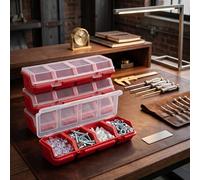 Hushee 4 Pcs Red Plastic Screw Organizers and Storage Bins with Locks, 4 Compartments, 12.2 x 4.1 x 2.5 Inches Each, Ideal for Tools, Nails, Small Parts