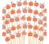 Hushee 400 Pcs Christmas Cocktail Picks Gingerbread House Themed Christmas Cocktail Sticks Decorative Bamboo Wood Toothpicks Christmas Skewers for Appetizers for Fruit Drink Food Xmas Decorations