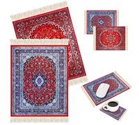 Hushee 4pcs Vintage Mini Carpet Mouse Pad and Oriental Coasters Funny Mousepad Floral Rug Style Desk Mat Coasters Gift for Christmas Bohemian Doll House Rug with Anti Slip Rubber Base for Desk