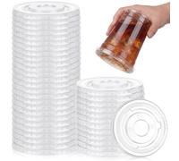 Hushee 50 Pcs Clear Flat Plastic Lids No Hole 90 mm Clear Disposable Lids Bulk for 8, 10, 12 oz Milkshake Cups for Ice Cream, Yogurt, Pudding, Cake, Fruit, Leak Resistant & Stackable