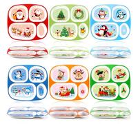 Hushee 6 Pcs 9.4 x 8.2 Inch Christmas Theme Dinnerware Divided Plates Plastic Dinner Plates Serving Dishes for School Party Gift Supplies for Santa Claus, Snowman, Penguin, Christmas Tree, Elk, Cane