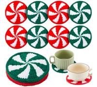 Hushee 8 Pcs Crochet Christmas Candy Coasters 4.72inch Handmade Woven Round Drink Cup Pad Mats Red White Green Table Decor for Christmas Xmas Home Party Kitchen Tabletop Decoration Gifts