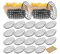 Hushee Bread-Serving Baskets, 24 Pcs Oval Iron Baskets with 100 Sheets Kraft Paper, 9.5 x 6.2 x 2.2 Inches, Black