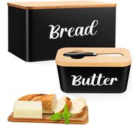 Hushee Metal Bread Box and Butter Dish with Bamboo Cutting Board Lid and Knife Bread Storage Container Breadbox for Kitchen Counter Butter Organizer for Kitchen Countertop Decoration(Black)